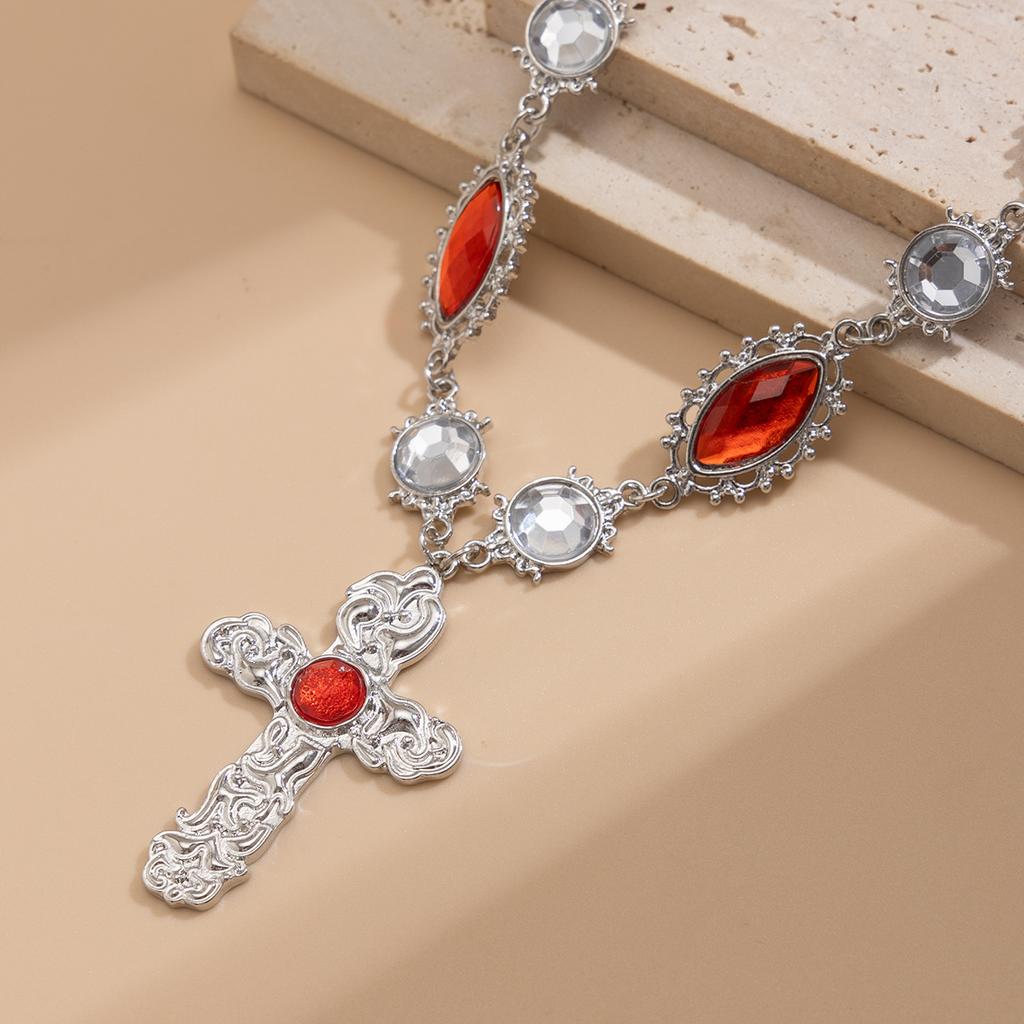 Exaggerated ruby micro-cross pendant necklace, temperament lava liquid alloy necklace women