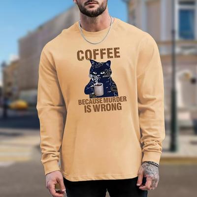 A Cat Drinking Coffee Print Men's Tshirts Long Sleeve Tees Round Neck Casual Pullover Men's Clothing Plus Size