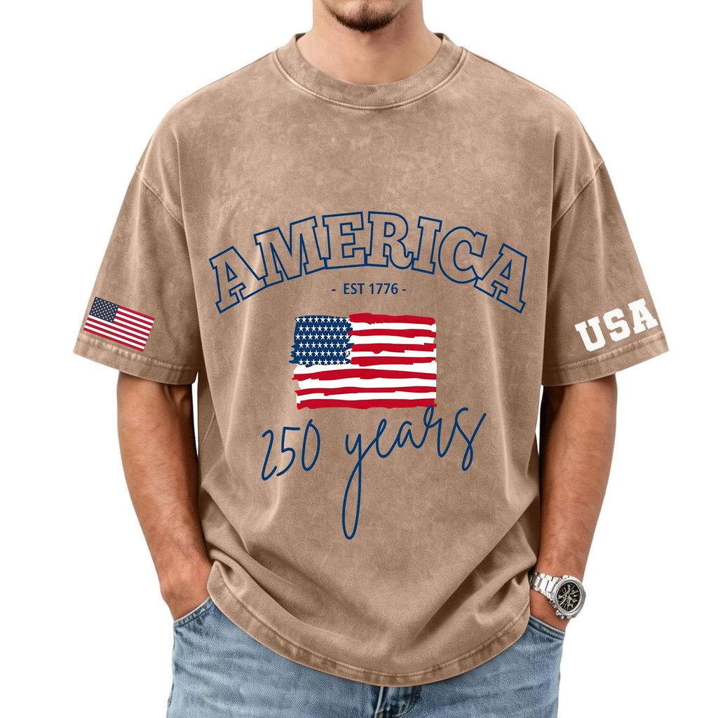 Herren lockeres und lässiges T-Shirt mit Flaggen-Buchstaben-Print - Trendiges gewaschenes kurzärmeliges Oberteil für Herren
