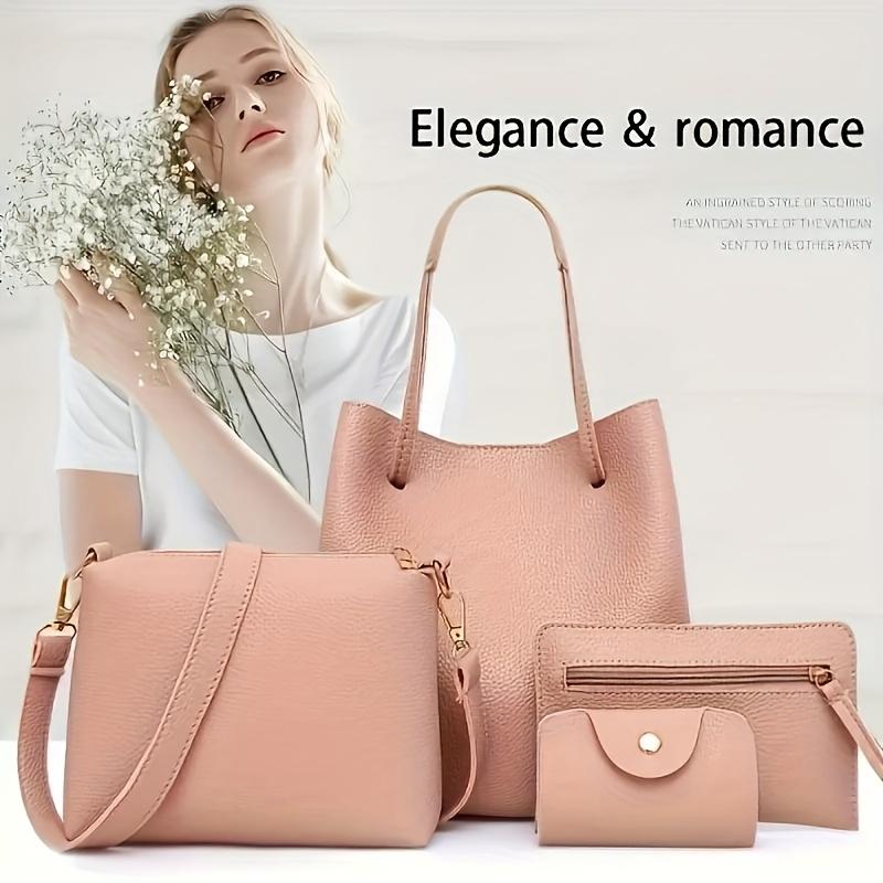 4pcs Women's Bag Set, Including An Elegant Synthetic Leather Tote Bag Series - Solid Colors, Lychee Texture, Multifunctional Stylish Tote Bag, Wallet