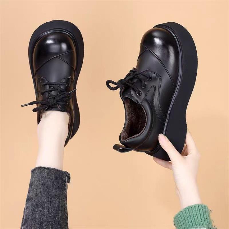 Fashion Velvet Small Leather Shoes Autumn and Winter New Lace-up Soft-soled Single Shoes Thick-soled Height Increase Women