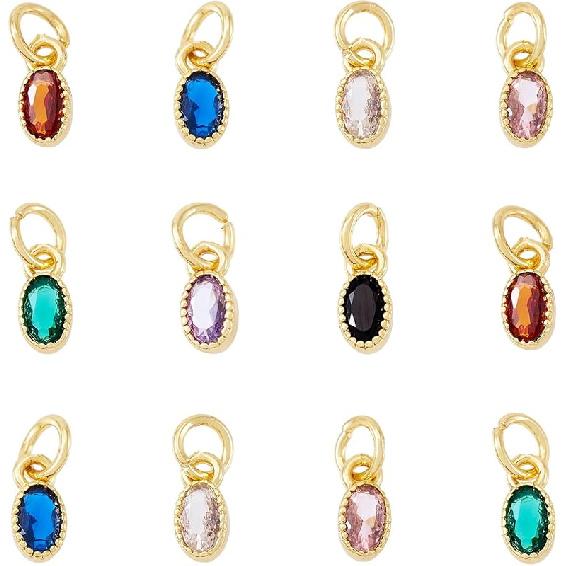 Pandahall 12Pcs 18K Gold Plated Rectangle Charms Cubic Zirconia Birthstone Charms Brass Crystal CZ Stone Pendants with Jump Ring for Jewelry Making
