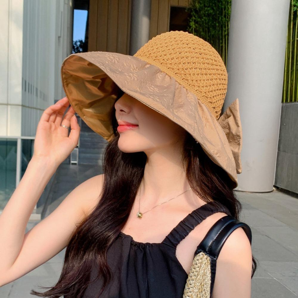 New Foldable Summer Beach Vacation Hat Colorful Lace Straw Sun Hat Women Crochet Straw Bucket Hat