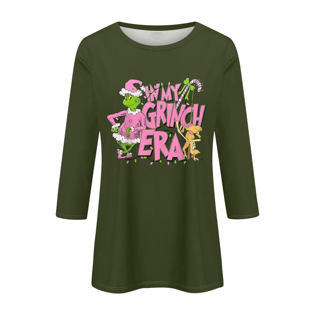 3/4 Sleeve Tops For Women T-Shirt Casual Christmas Print Tops T Shirt Round Neck Pullover Blouse