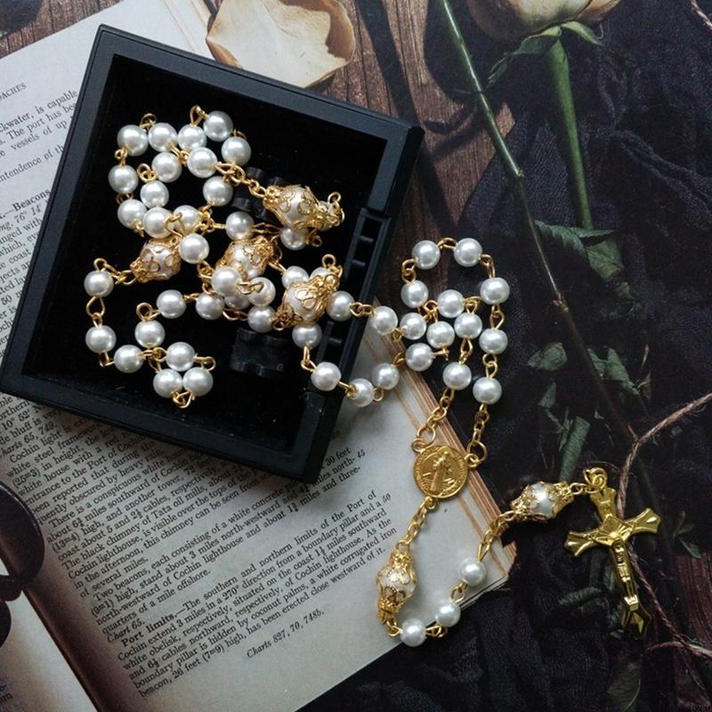 62KD Vintage Pearl Beads Rosary Necklace Jesus Christ Crucifix for Cross Pendant Necklaces for Women Jewelry Charm Prayer Gifts