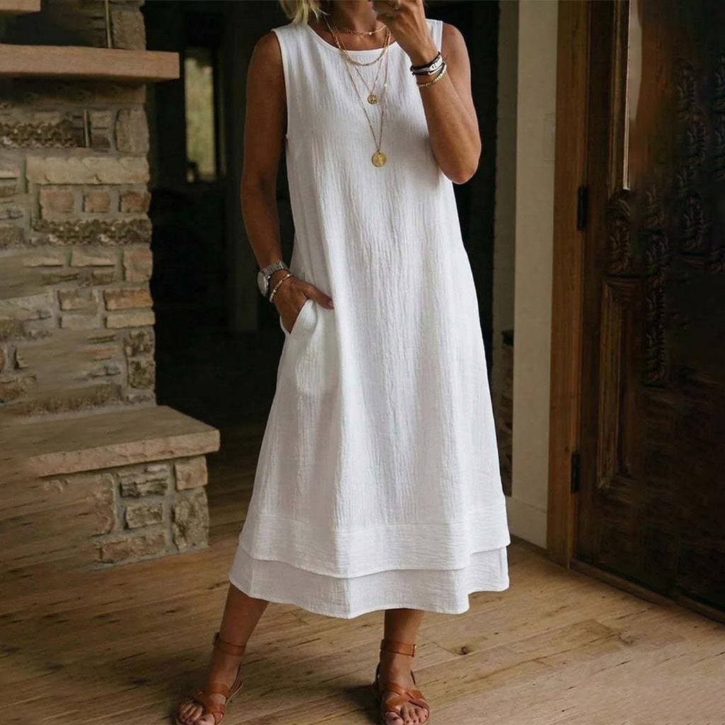 Ladies' Fashionable Casual Cotton And Linen Round Neck Sleeveless Dress