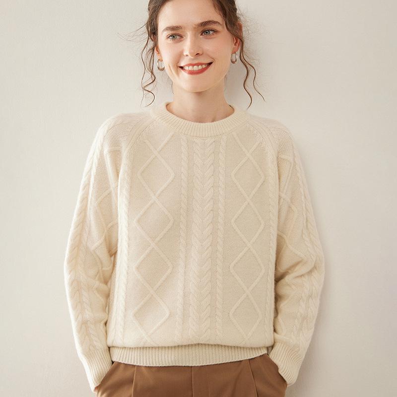 Women's Thickened Cashmere Raglan Sweater - Long Sleeve Jacquard Knit Pullover with Round Neck