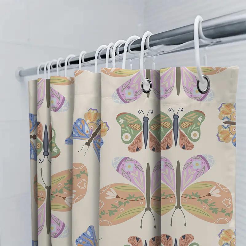 Butterfly Pattern Shower Curtain, Waterproof Fabric, Bathroom Decoration For Kids Bathrooms Peach Green Blue Purple Colorful But