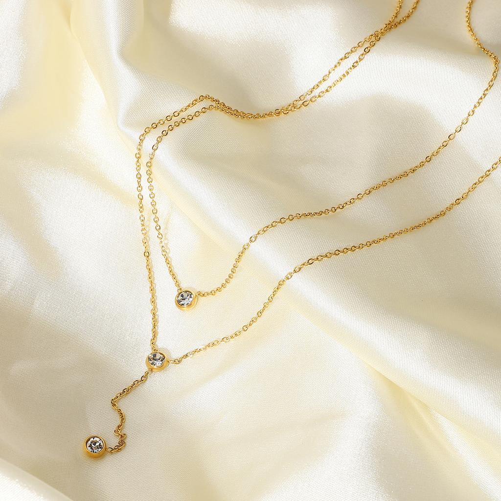 Stainless Steel Double Layer Y Shape Chain Zircon Pendant Necklace For Women Statement Choker Necklace