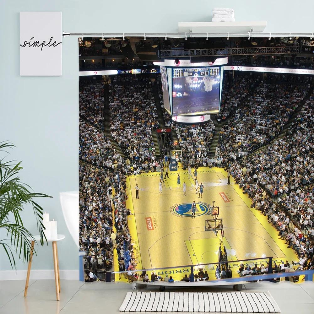 Sports Theme Shower Curtain Basketball Football Abstract Creative Pattern Bathroom Decor With Hook Waterproof Polyester Screen