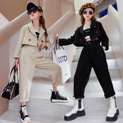 Girls Blazer Suits Clothing Sets Spring Autumn Kids Jackets+Pants with Belt Fashion Loose Formal Teenage Casual Outfits