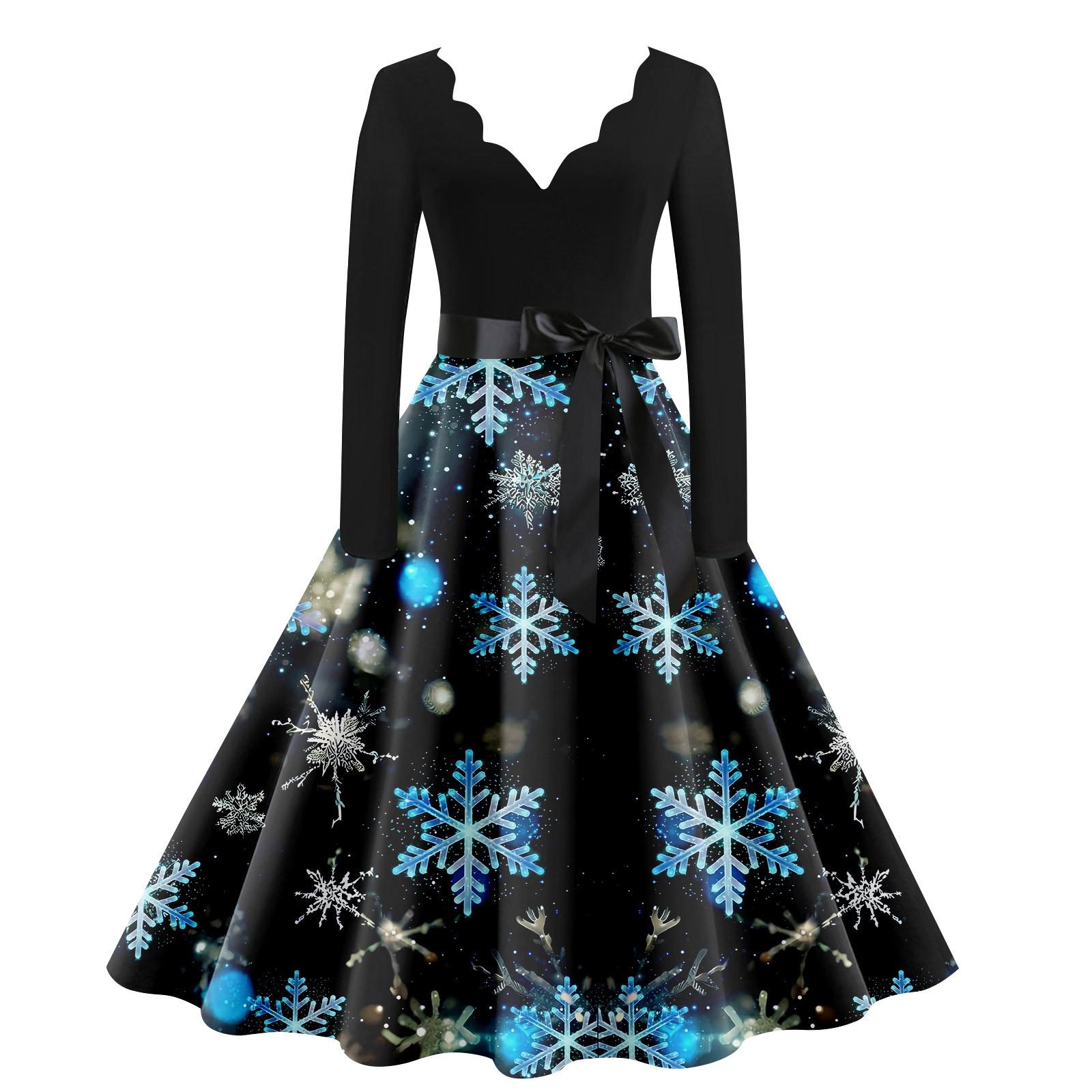 

Женское винтажное классическое платье с воротником на талии, бантом, длинными рукавами, рождественским принтом, V-образным вырезом, свободное платье XL