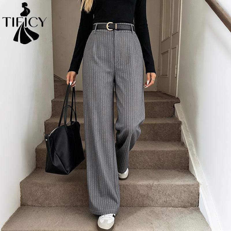 TIFICY Kadın Modası Rahat Çizgili Baskılı Yüksek Bel Pantolon Pantolonlar ve Kapriler