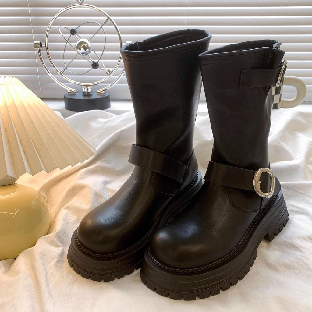 Spring Autumn Round Toe Leather Platform Women's Half High Boots Fashion 2025 Trend Hot Demi-season New in Ladies Mid Calf Shoes