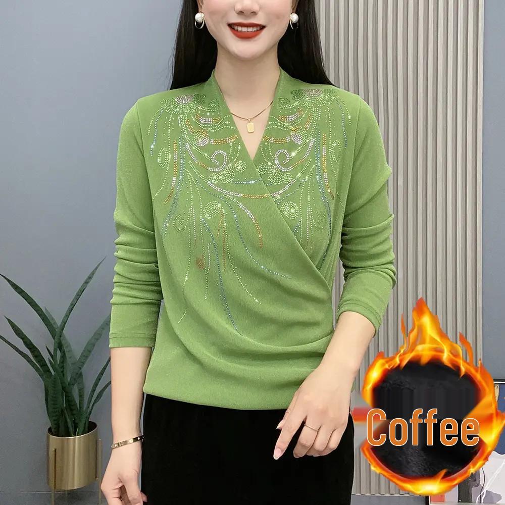 Autumn/Winter Cross-Neck Rhinestone Phoenix Long-Sleeve Base Layer Shirt