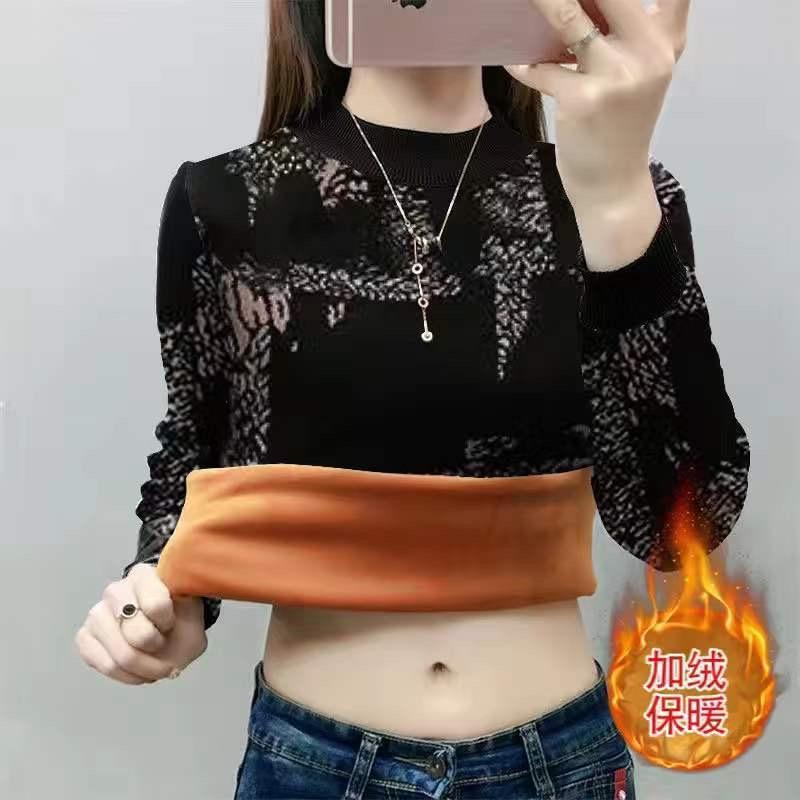 Bottom shirt women's new autumn and winter versatile high-end thin top with printed fashion velvet thickened shirt