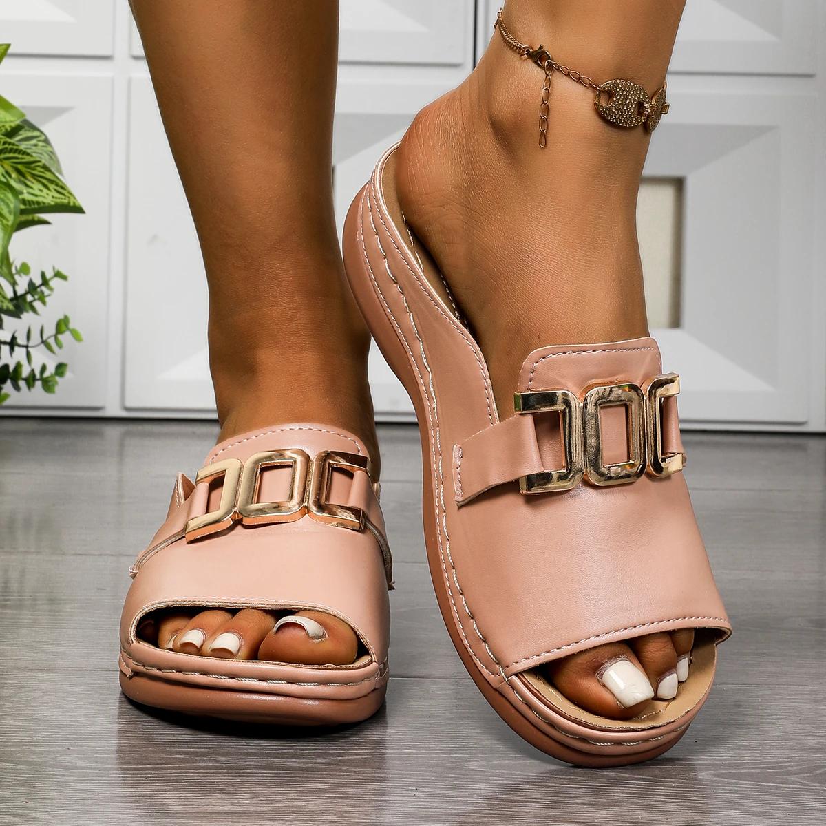 Women s Shoes 2025 Summer Solid Women s Slippers Casual Slippers Women Fashion Metal Decor Plus Size Shoes Ladies Wedge Sandals 36