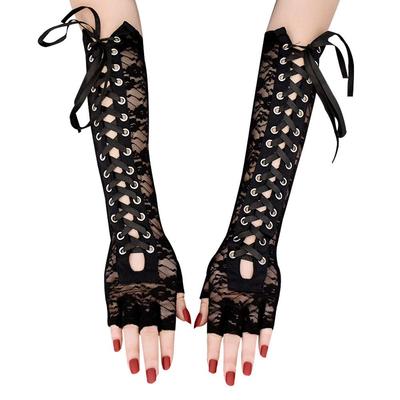 Black Lace-Up Fingerless Gloves - Retro Lolita Dark Punk Style Sleeves