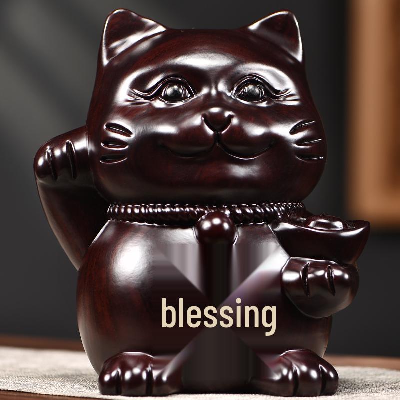 Rosewood Lucky Cat Wooden Ornament - Fortune Cat Decoration for Living Room, Shop, or TV Cabinet.