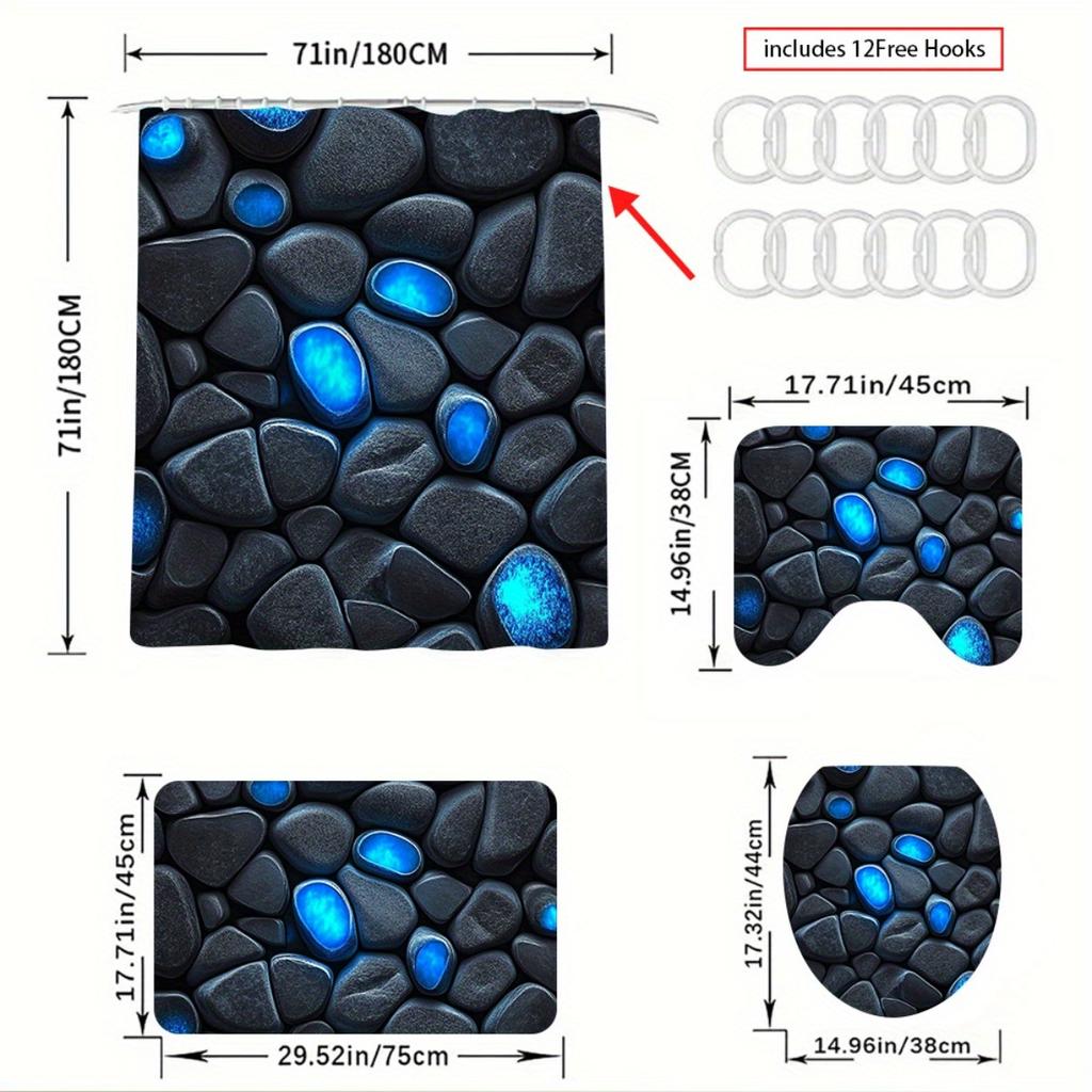 1/4Pcs Bathroom Shower Curtain Set  Blue Glow Stone Print Bathroom Curtain With 12 Hooks Non Slip Rugs Toilet Cover Mat Bathroom Partition