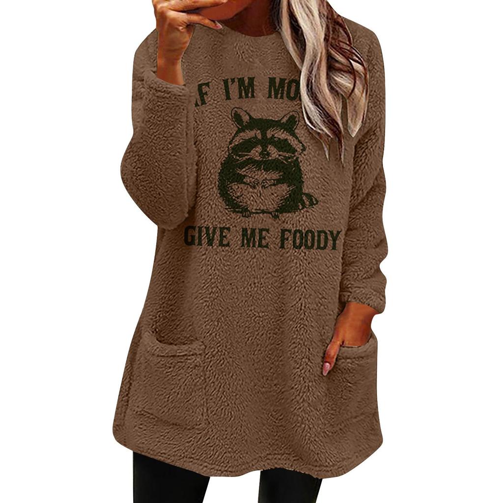 Autumn/Winter Women's European & American Printed Casual Loose Round Neck Long Sleeve Plush Hoodie with Pockets