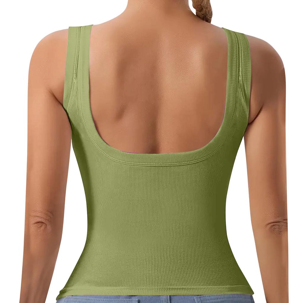 Women's Square Neck Built-in Pads Tank Top Slim Fit Versatile Cami