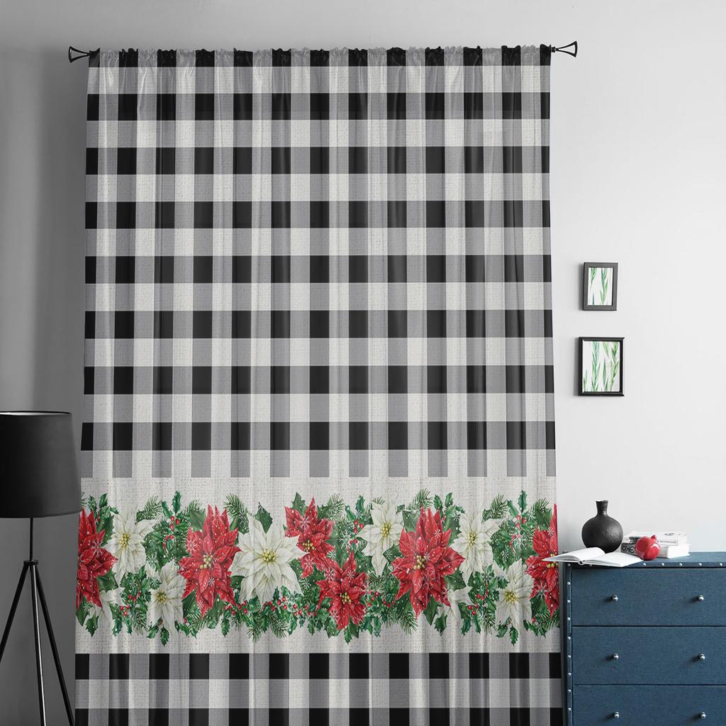 Christmas Poinsettia Berries Sheer Curtains For Kids Bedroom Living Room Voile Curtains Xmas Kitchen Tulle Curtain