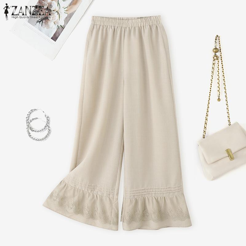 ZANZEA Women Casual Elastic Waist Loose Lace Splice Pants