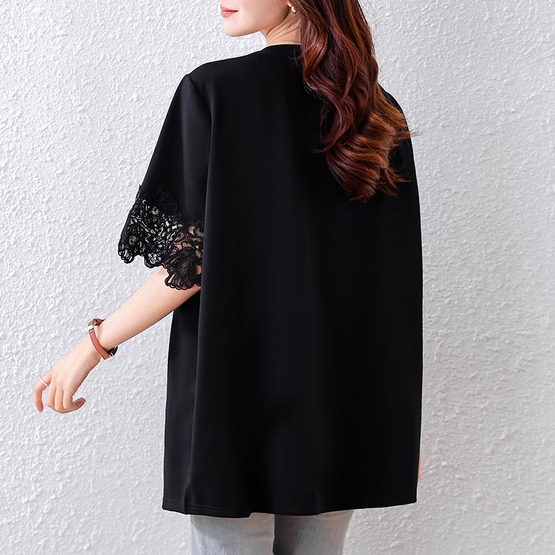 DIMANAF 2025 Sommer Übergröße Damen T-Shirts Spitze Gespleißt Elegant Kurzarm Oberteile Tees Lockeres Shirt