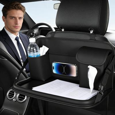 Kids Travel Tray PU Leather Foldable Multifunctional Auto Bag Seat Back Organizer for Vehicle Truck SUV Van Door Road Trip