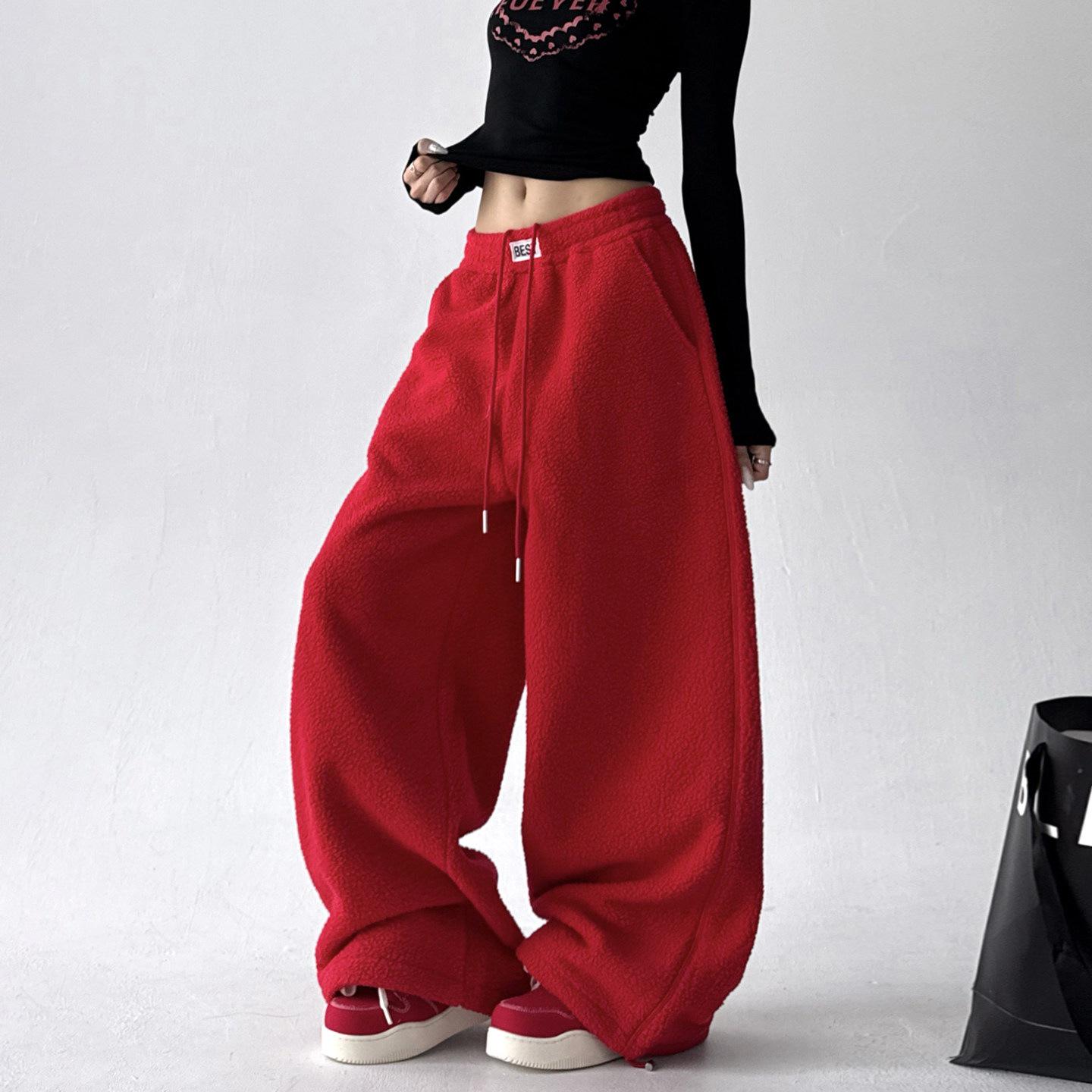 

Women s High-Waist Yellow Fleece Wide-Leg Pants - Autumn/Winter 2025, Plus Velvet Cotton, Loose & Warm Casual Fit M