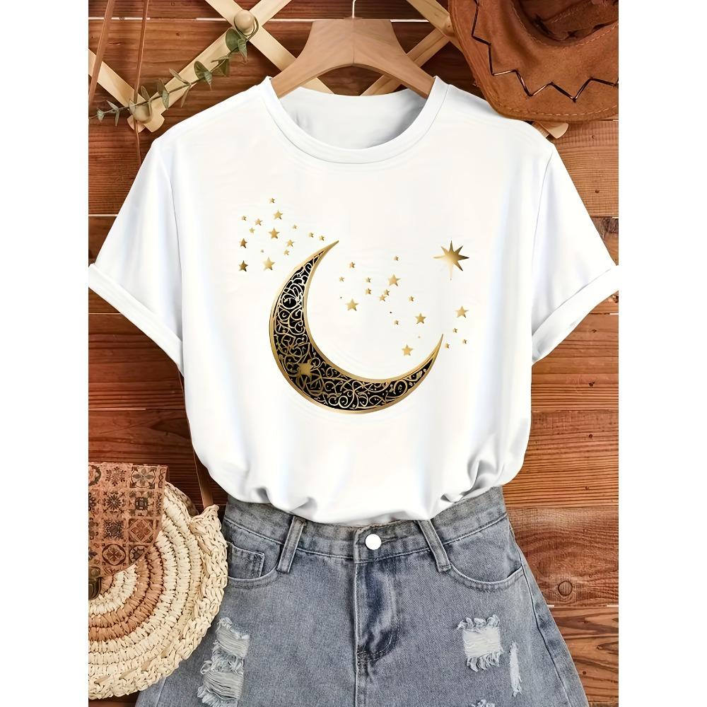 Women'S Elegant Moon  Stars Print T-Shirt  Casual Short Sleeve Crew Neck Top for Spring Summer Golden Print Top Comfortable Fit