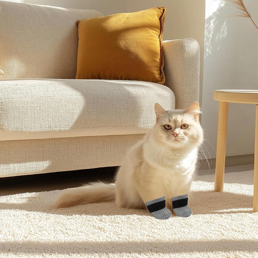 4 PCS Cat Mittens to Prevent Scratching, Adjustable S Size Cat Booties to Prevent Scratching, Breathable Mesh Shoes, Prevent Scratches, Suitable for
