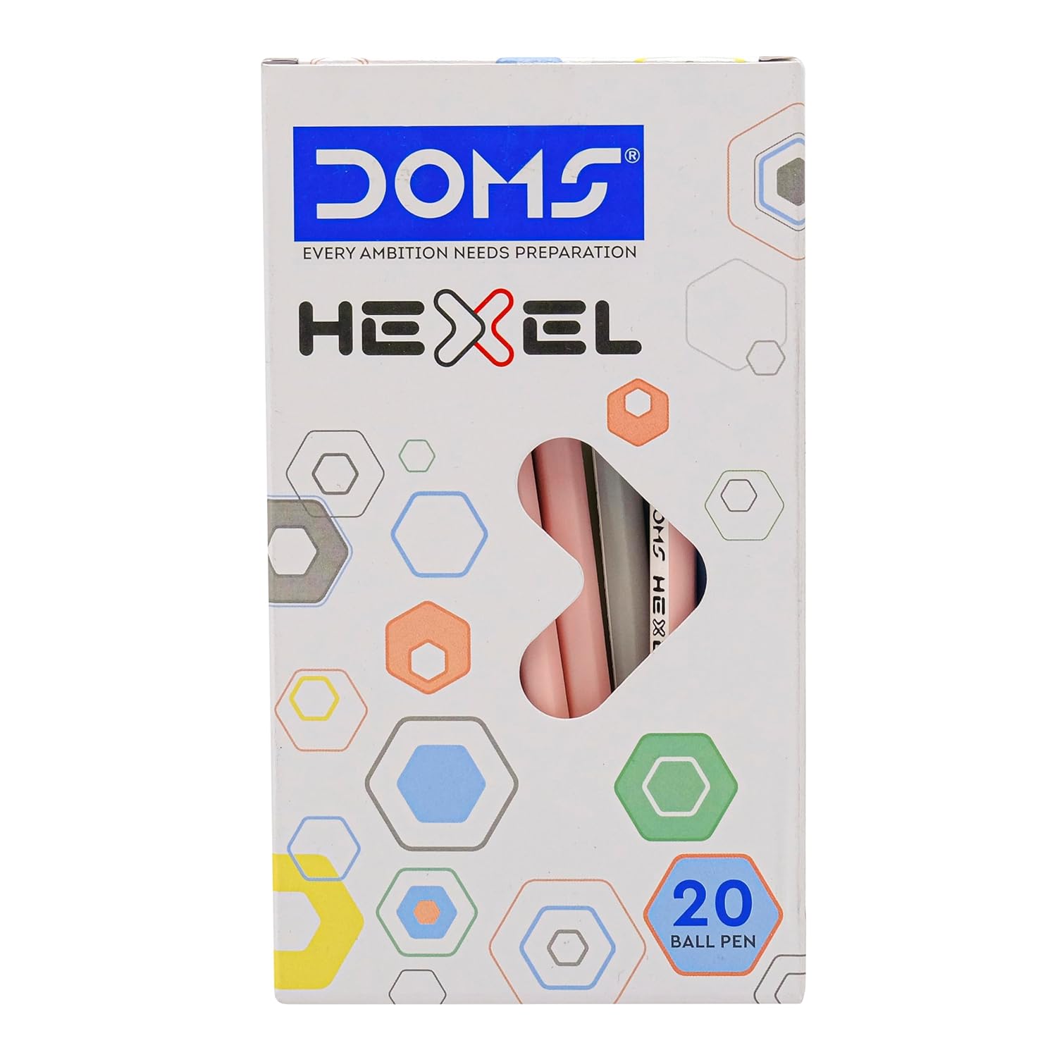 DOMS Hexel Ball Pen Blue Ink 20 Pc Pack Smooth Writing Pens For School Office Exams Home Daily Use Reliable Grip Box