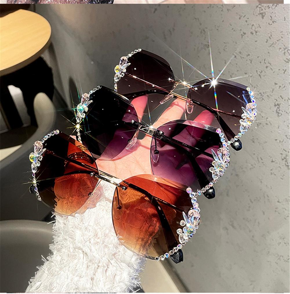 UV Protection Rimless Rhinestone Sunglasses Beach/Travel/Streetwear Shiny Gradient Shades Cutting Lens Sun Glasses for Women