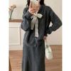 Lace lace-up crew neck sweater two-piece set autumn and winter new knitted cardigan jacket + skirt set women