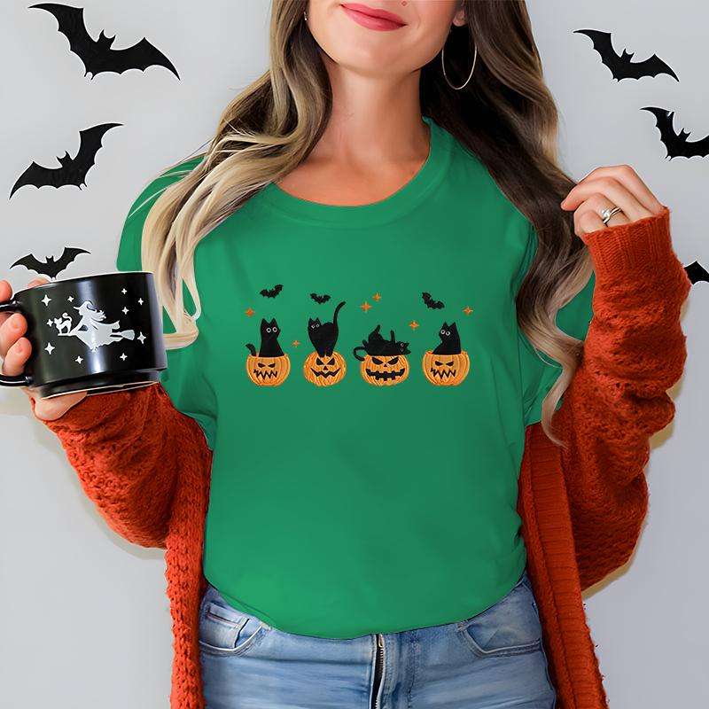 Black Cat Pumpkin Graphic T Shirts Women Trendy Halloween Retro Essential Classic Tops Cat Lover Spooky Season Halloween Tshirt
