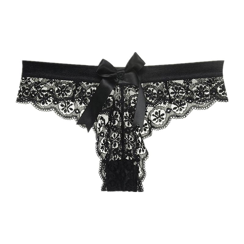 Sexy Transparent Lace Lady Thong Solid Color Women's Underwear Buttocks Big Bow Decoration T-back Temptation Mesh Female T-pants