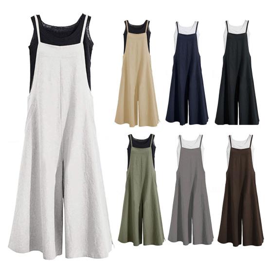 Summer Romper Solid Color Baggy Casual Simple Backless Oversized Square Neck Adjustable Shoulder Strap Wide Leg Summer Jumpsuit Female Clothes