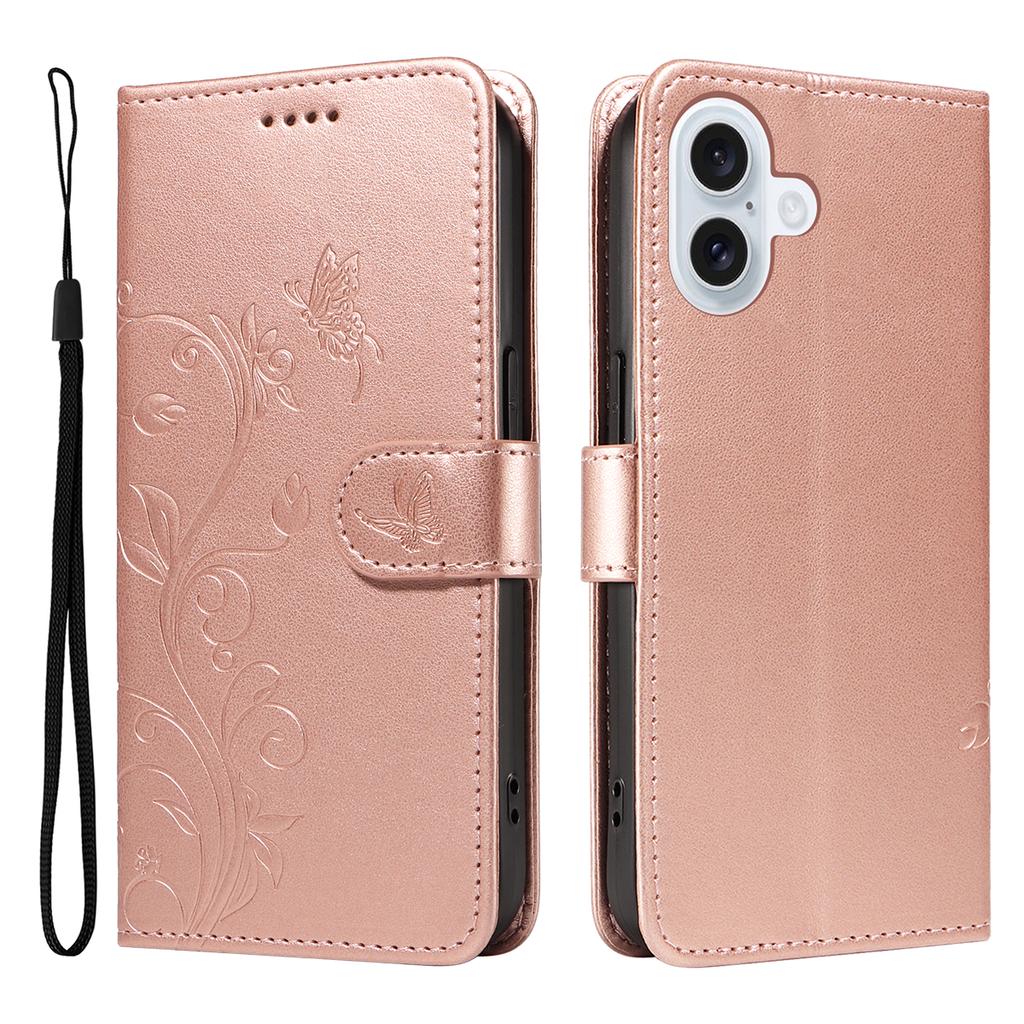 For iPhone 17 PU Leather Cases Flower Pattern Wallet Stand Phone Cover with Strap
