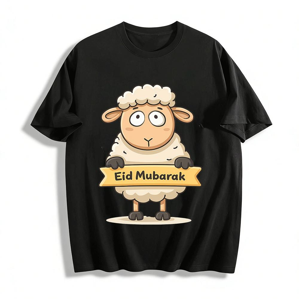 Eid Mubarak Cartoon Sheep Print Casual Festive Tops For Eid Al-Adha Pure cotton T-shirt XXS