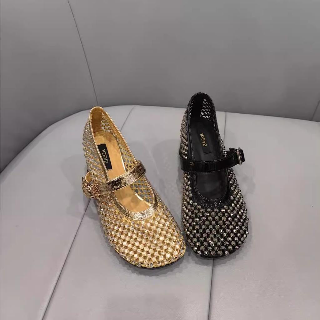 Europäische Station Atmungsaktives Mesh Strass Französisch 2025 Frühling und Sommer Ein-Wort Schnalle Gürtel Mode Einzelne Schuhe Mary Jane Flacher Ausschnitt