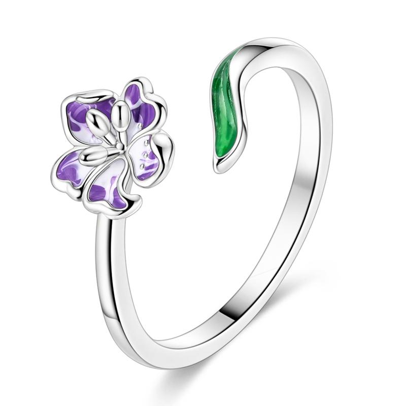 Clover Adjustable Ring 925 Silver Rotating Cherry Blossom Flower Open Rings For Women Wedding Jewelry Gift