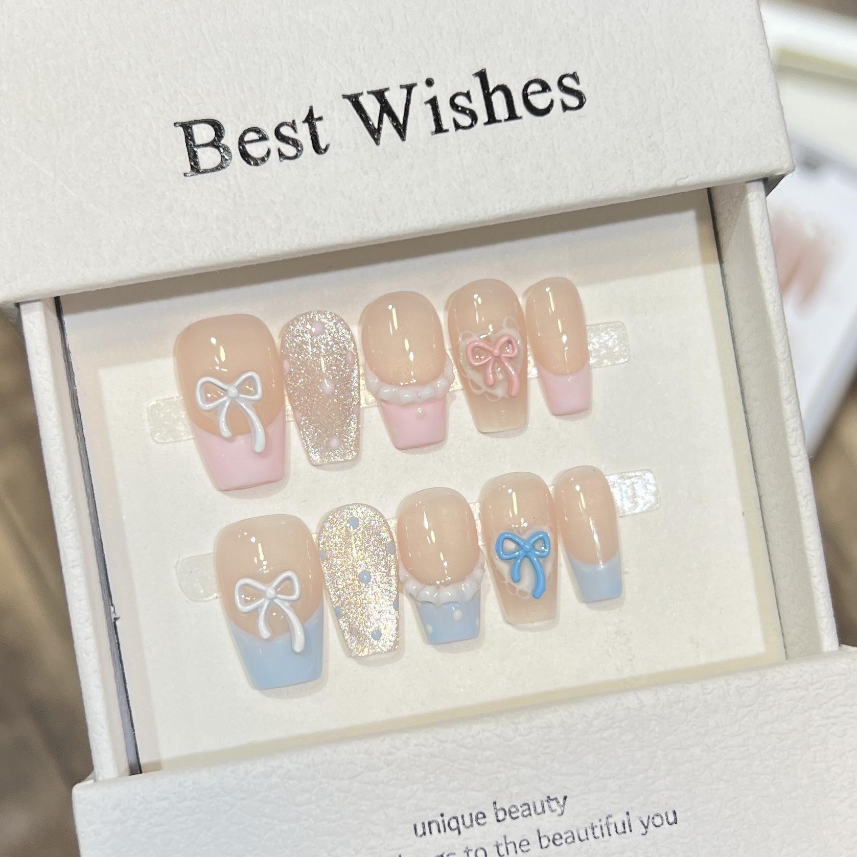 

Летний Свежий Наряд Броня Ручной Работы Горошек Кошачий Глаз Бант Телесная Юбка Французский Маникюр Съемные Ногти Large L