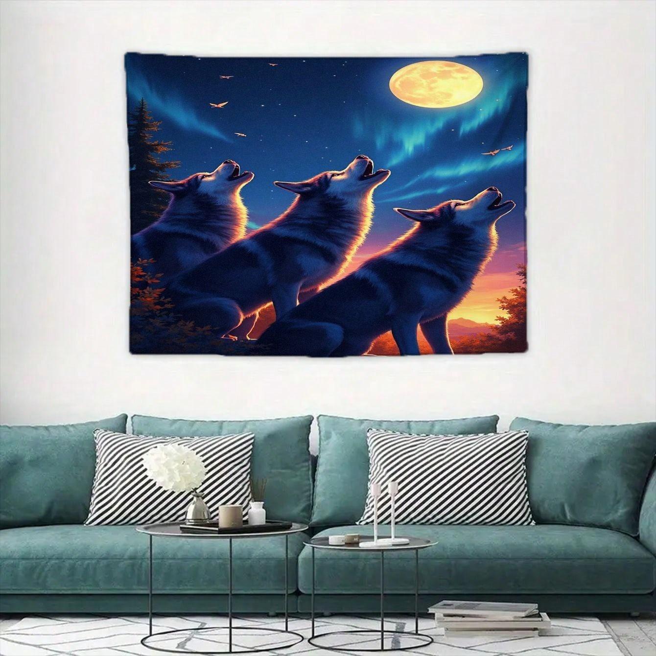 

Howling Wolves Tapestry Multiple Sizes 2D Print Mystic Moon Night Scene Polyester Bedroom Living Room Dorm Gift Nature Love 74x94cm(29x37in)