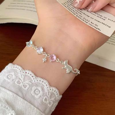 Sweet Cute Little Cat Bracelet for Women Luxury Colorful Zircon Crystal Cross Star Pendant Bracelet Simple Jewelry Accessories