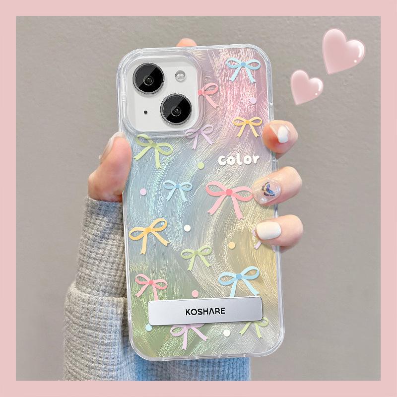 Applicable To Apple 15 Mobile Phone Case Iphone14 Dopamine Bow Bracket 13pm Feather Yarn IMD Laser 12/11