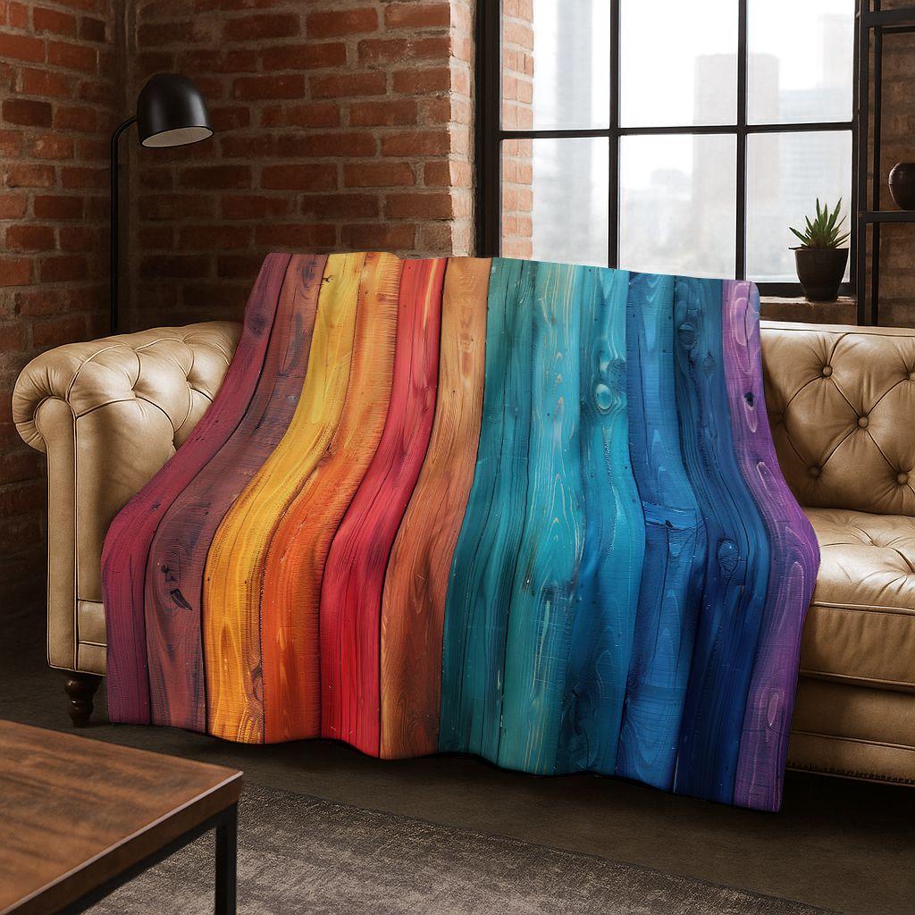 Regenboog Retro Houten Bord Zwart Bruin Houtnerf Flanellen Deken, Gezellige Zachte Plaid voor Huis Slaapkamer Bed Bankhoes Cadeau