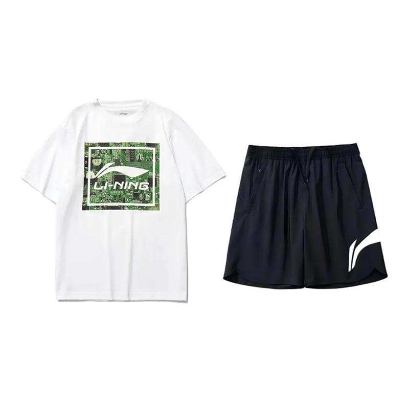 

Li Ning Letter Logo Printed Fashion Comfortable Versatile Round Neck Pullover Short Sleeve T-Shirt Casual Sports Suit Unisex Tops AHSU999-1+YKSV197-2 L