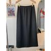 Women's Deep Gray Wool Tweed Midi A-line Skirt, 2026 Spring/Autumn Collection, Elastic High Waist.